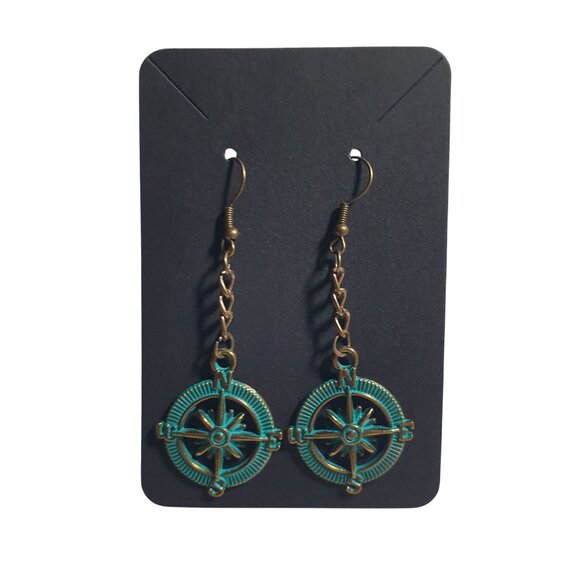 Nautical Compass Dangle Earrings Antique Bronze Patina Chain Hook Beach Core - Picture 2 of 4